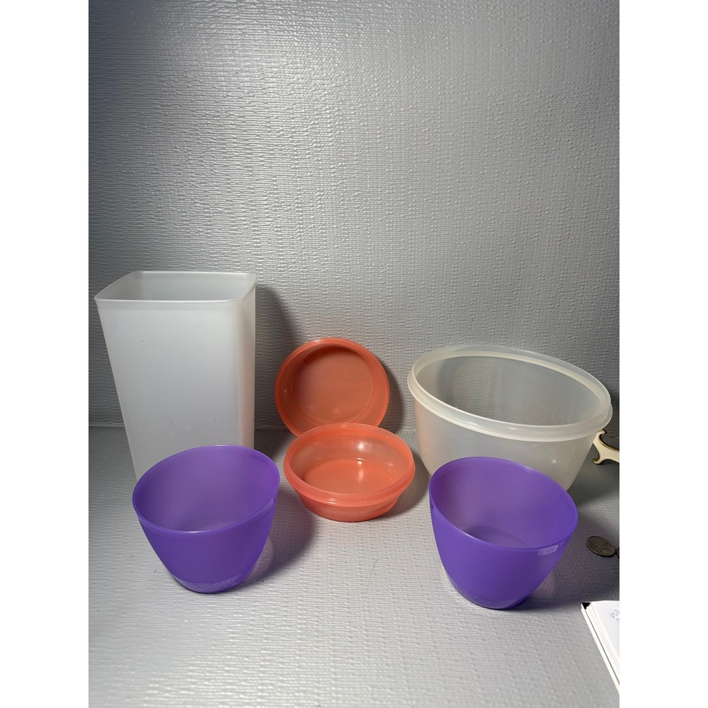 Vintage Tupperware Mixed Lot 6 Piece Set Purple Coral Frosted Clear No Lids